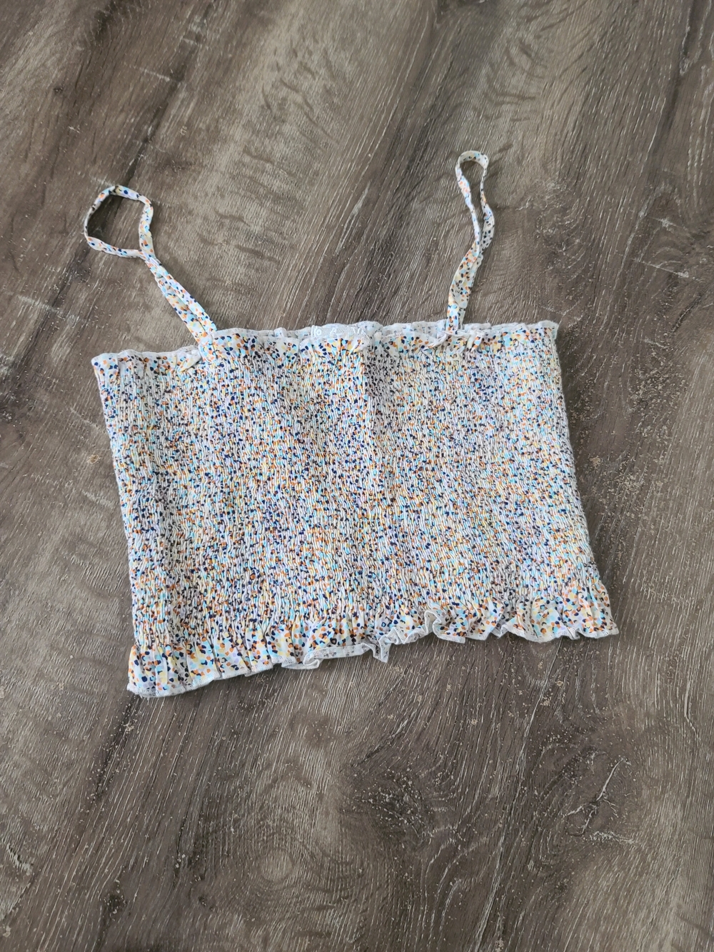 Sadie & Sage White Multicolor Smocked Spaghetti Strap Crop Top